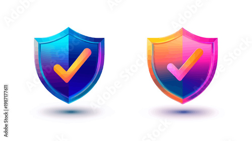 Two shield icons, gradient colors. Each with a checkmark. They appear to be floating above a surface