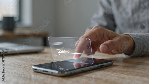 Cuadro en lienzo Person signing document on futuristic phone