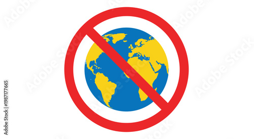 Red circular sign with a diagonal slash over a blue and yellow world globe silhouette indicating a global restriction or ban for travel or trade.