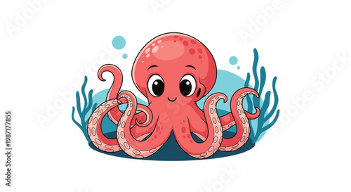 Adorable red octopus with large dark eyes and many tentacles swimming in an underwater scene with blue coral and bubbles on a white background.