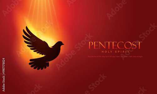 Pentecost Sunday - The Outpouring of the Spirit, dove in flame background. Holy Spirit dove and fire, design for poster of worship or invitation. Vector illustration