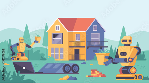 Two yellow and blue robots holding potted plants in front of a two-story house with a laptop nearby