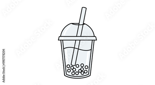 Detailed black and white line drawing of a bubble tea cup featuring a dome shaped lid and a straw with boba pearls at the base on a white surface.