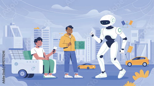 Two men are interacting with a humanoid robot in a futuristic city with yellow cars and urban buildings
