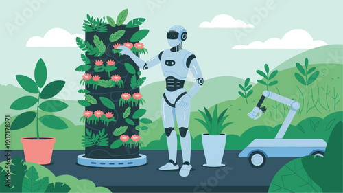 Humanoid robot tending to a vertical garden tower with a small robotic arm vehicle in a green park