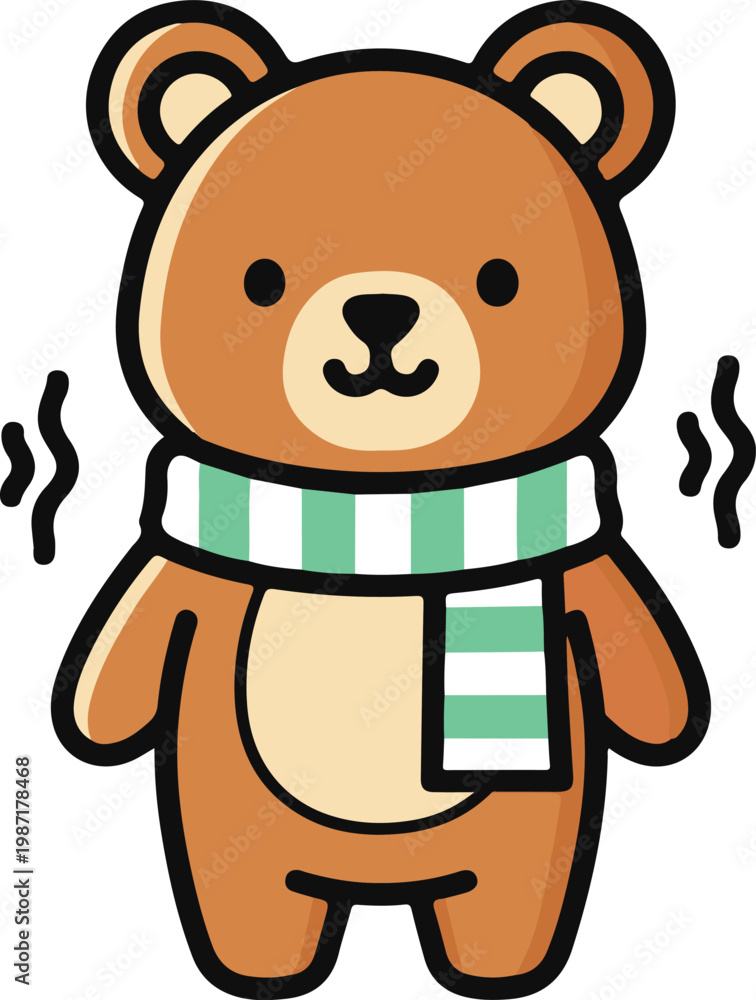 Fototapeta premium Cute cartoon brown bear wearing a striped scarf, shivering in the cold weather illustration.