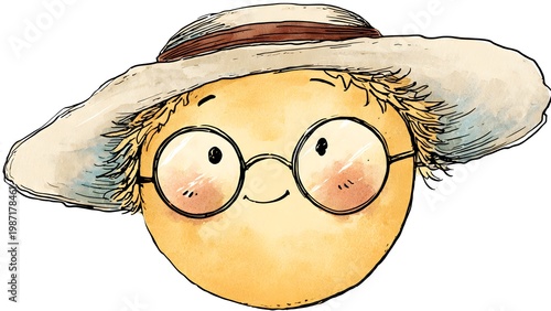 Cute sun character with glasses and straw hat illustration