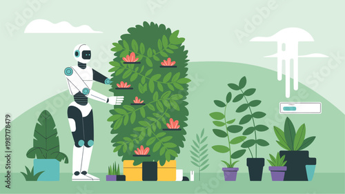 White robot tending to a tall green leafy plant with pink flowers in a garden, flat android plants