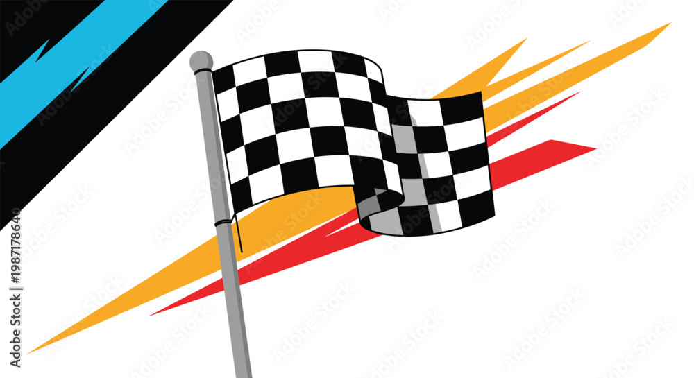 Fototapeta premium Classic black and white checkered racing flag waves on a metal pole against a backdrop of colorful abstract streaks.