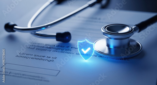 Stethoscope on medical document with digital shield icon, symbolizing health insurance coverage, medical policy and patient protection in modern healthcare system and clinical services