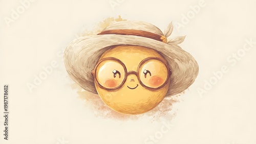 Cute smiling emoji with glasses and straw hat illustration
