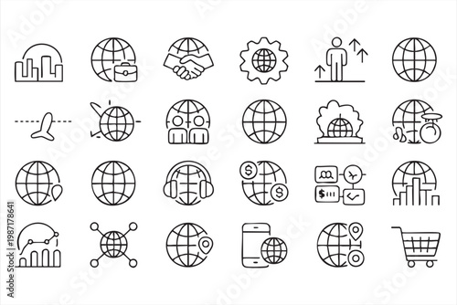International Business Icons Featuring Global Network and Communication