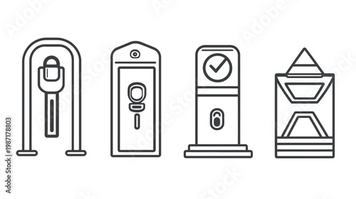 Four stylized line art illustrations depicting security checkpoints or access control systems