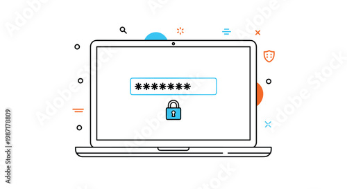 Modern laptop computer graphic shows a secure password login screen with a lock icon and abstract design elements.