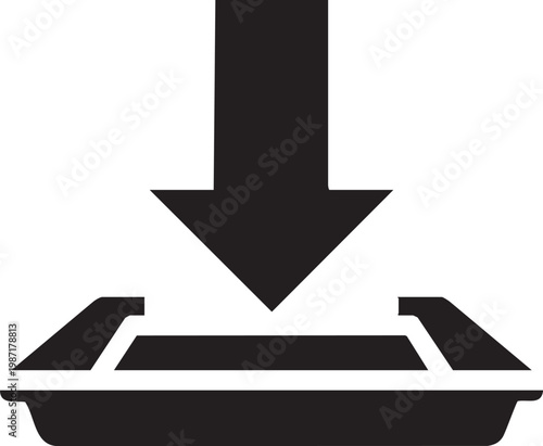 Black, flat, rectangular tray icon with downward arrow, food packaging symbol, disposable container