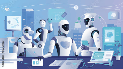 Four humanoid robots working together in a futuristic office with computers, screens, and data