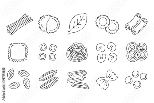 Italian Pasta Icons Featuring Spaghetti Macaroni and Ravioli Shapes