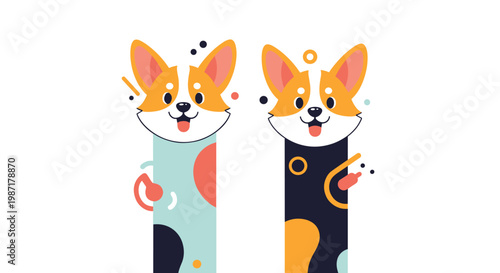 Two whimsical corgi dogs with elongated bodies are decorated with playful colorful spots and abstract geometric shapes.