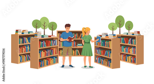 Young man and woman explore a quiet bookstore aisle lined with tall wooden shelves filled with colorful books under miniature decorative green trees.
