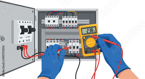 Technician hands wearing blue protective gloves carefully test electrical components inside a circuit breaker box using a yellow digital multimeter tool.