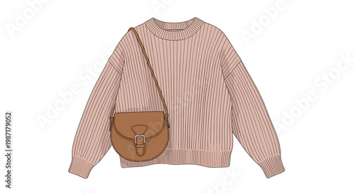 A stylish peach-colored knitted sweater is paired with a classic brown leather saddle bag to create a cozy and fashionable autumn outfit for the season.