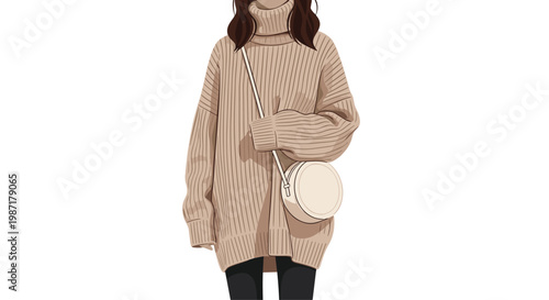 A woman wears a comfortable beige turtleneck sweater and a round crossbody bag in this minimalist fashion illustration featuring soft neutral colors.