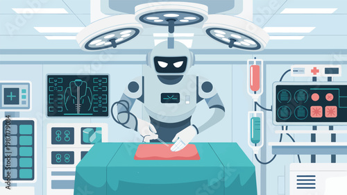 Robot surgeon operating a sterile operating room with medical monitors and lights