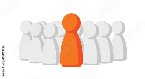 A single vibrant orange pawn stands out prominently in the center of a group of neutral grey generic pawns to represent leadership and individuality.