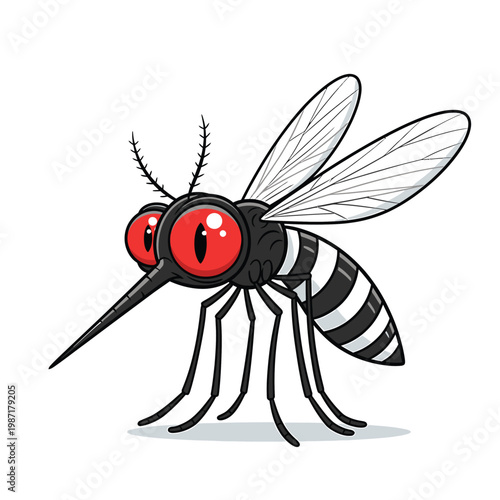 Cartoon mosquito with antennae and detailed eyes in minimalist black and white vector style
