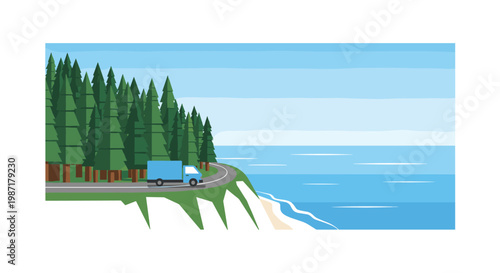 Small blue delivery truck drives along a winding coastal road situated between a dense green forest and the vast blue ocean under a clear and bright sky.