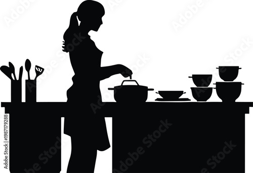 Professional Female Chef Silhouette Cooking In Kitchen Preparing Delicious Meal With Pots And Pans Culinary Arts Restaurant Hospitality Industry Service Home Baking SEO Maintain Vector