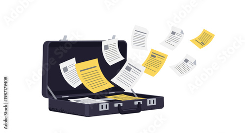 A dark professional briefcase rests open while numerous yellow and white paper documents scatter outwards across a clean minimalist white studio background.