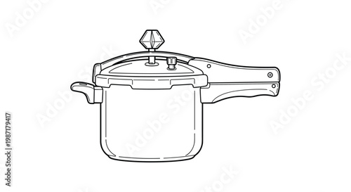 Technical line drawing of a modern pressure cooker kitchen appliance shows its handles and pressure relief valve.