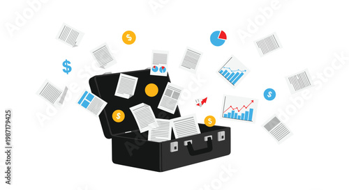 A sleek black briefcase sits open as various financial documents, colorful pie charts, and floating dollar signs erupt outwards in a dynamic composition.