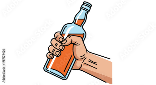 Human hand is shown tightly clutching a glass bottle filled with an amber colored beverage or condiment liquid.