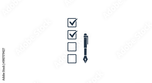 A minimalist graphic displays a vertical checklist with two items marked by checkmarks positioned beside a classic fountain pen on a stark white surface.