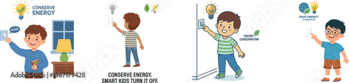Smart boy collection turning off light in room. Cute child switches off the electricity after using it to conserve energy. Caring for the environment, energy conservation concept. flat vector illustra