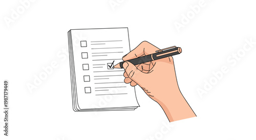 A detailed human hand holds a pen while carefully marking a checkbox on a paper list in a clean, hand-drawn illustration style against white backdrop.
