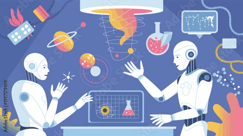 Two white humanoid robots interacting with floating holographic science on a blue background