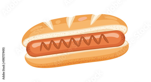 A single delicious hot dog in a soft bun topped with a zigzag of mustard is depicted in a clean, cartoonish vector style against a stark white surface.