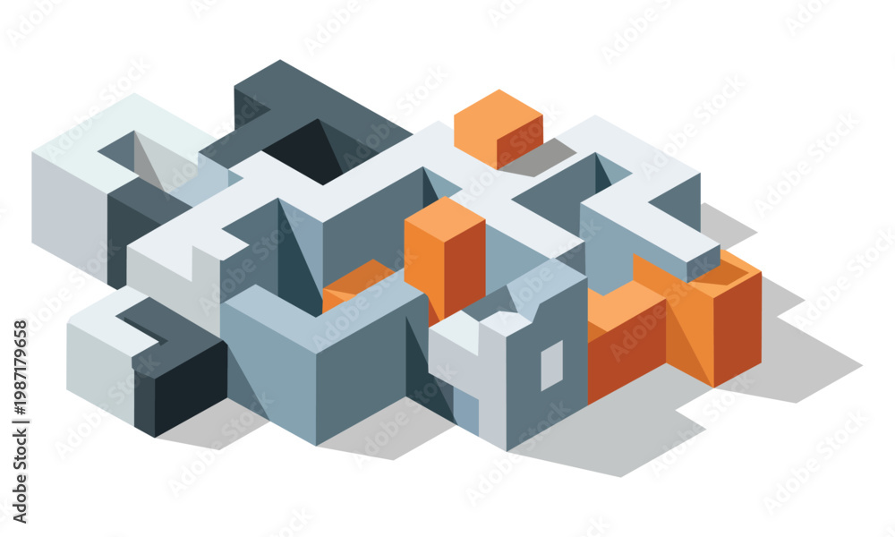 Fototapeta premium A complex 3d isometric illustration of variously colored cubes and rectangular prisms arranged in a mazelike structure