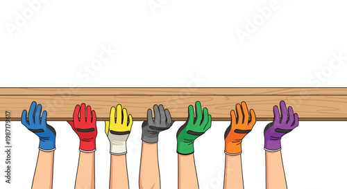 Row of hands wearing various colored work gloves lifting a long wooden plank together to illustrate collective effort and construction site cooperation.