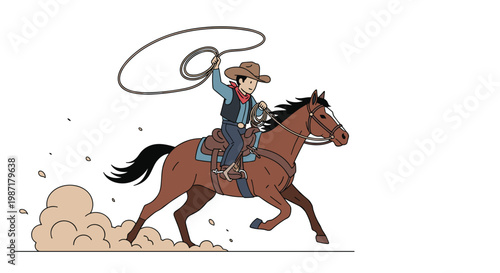 Cowboy on a horse swinging a lasso while kicking up dust to depict a dynamic western action scene isolated against a clean white background for design.