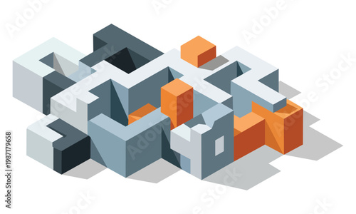 A complex 3d isometric illustration of variously colored cubes and rectangular prisms arranged in a mazelike structure