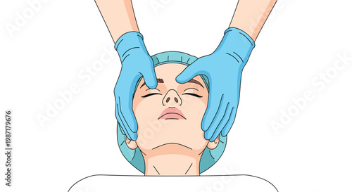 Medical professional wearing blue surgical gloves performing a gentle facial massage on a patient's face in a clinical setting against white background.