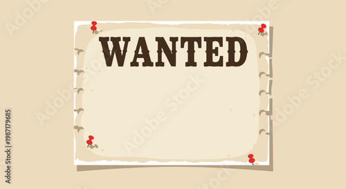 Blank vintage wanted poster on a weathered paper background is secured by four red push pins at the corners.