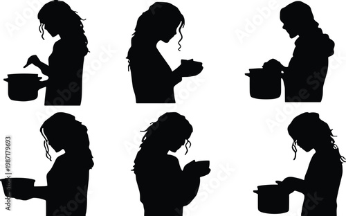 Woman Cooking Silhouette Set Professional Female Chef Baking Holding Pot Stirring Food Preparing Meal In Kitchen Lifestyle Culinary Service Home Hospitality SEO Maintain Illustration