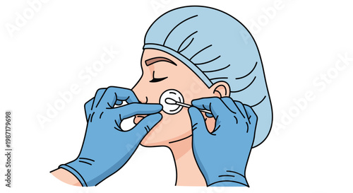 Medical professional wearing blue surgical gloves using a cotton swab on a patient's cheek during a clinical procedure against a white background.
