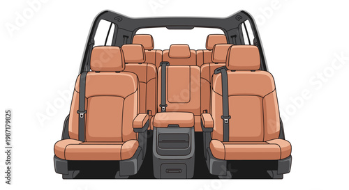 Interior view of a vehicle featuring tan leather seats, visible seatbelts, and a central console from a rear perspective on a plain white background.