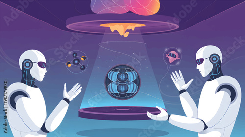 Two white humanoid robots are interacting with a glowing blue holographic sphere in a purple laboratory